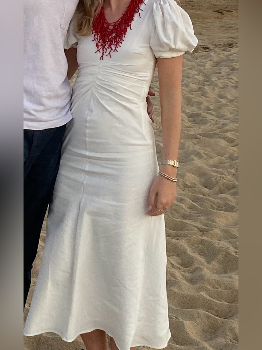 Zara Elegant White Puff-Sleeve Midi Dress